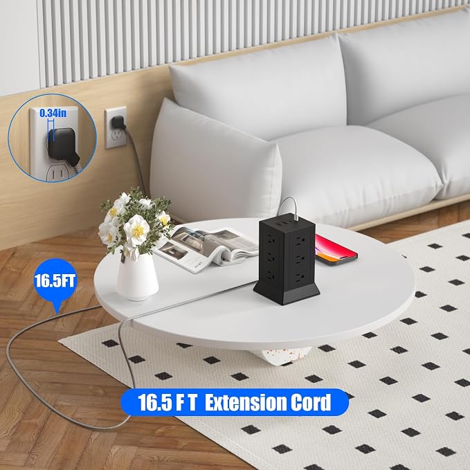 Power Strip Tower with Multiple Outlets 16.5 Ft Extension Cord Flat Plug with - Image 2