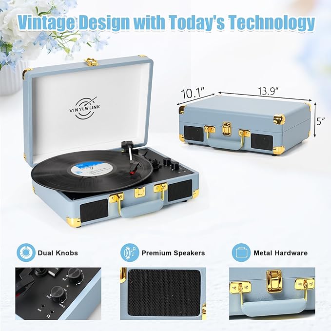 Vinyl Record Player 3-Speed Bass Control Bluetooth Suitcase Portable - Image 4