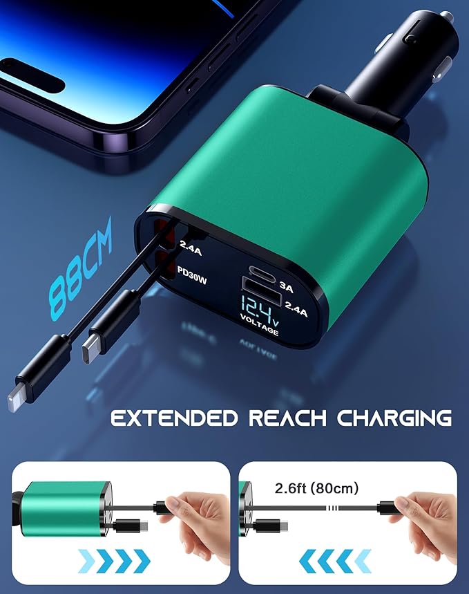 Retractable Car Phone Charger, 4 in 1 Fast Charge Car Phone Charger - Image 5