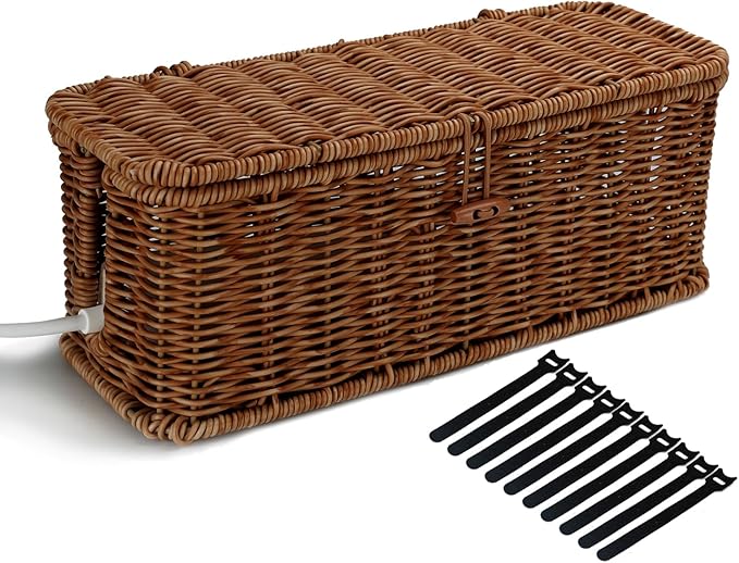 Cable Management Box, Desk Handwoven Rattan Cord Hider Organizer Box by AllHercom