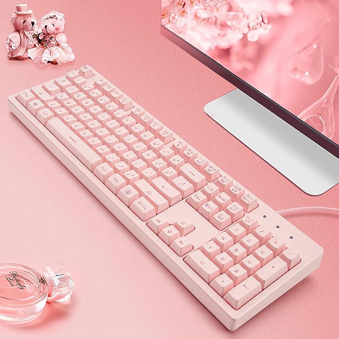 Basaltech Pink Keyboard with 7-Color LED Backlit, 104 Keys Quiet Silent Light - Image 4