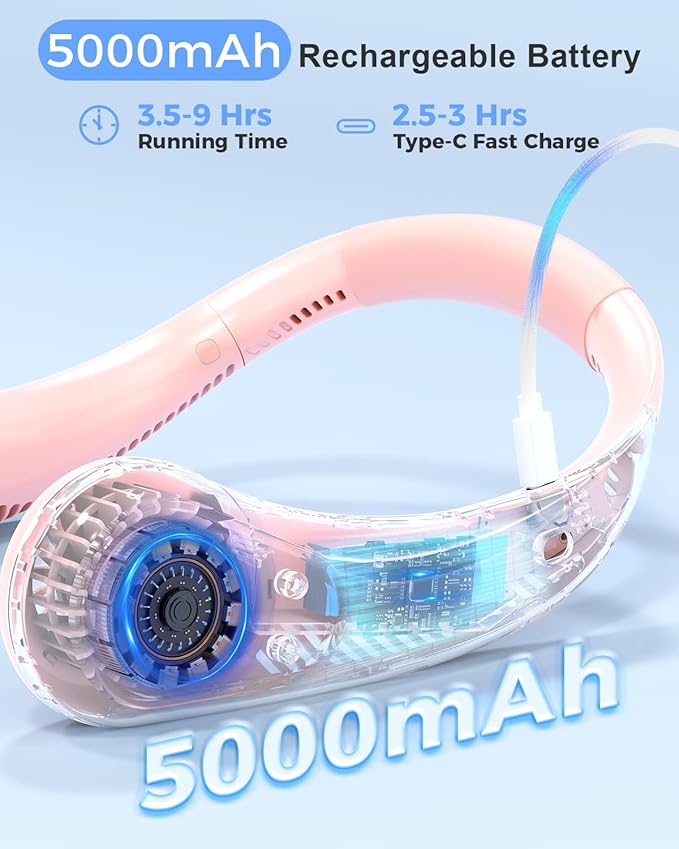 Portable Bladeless Neck Fan, 5000mAh Rechargeable Battery, 3 Speeds, Workout - Image 2