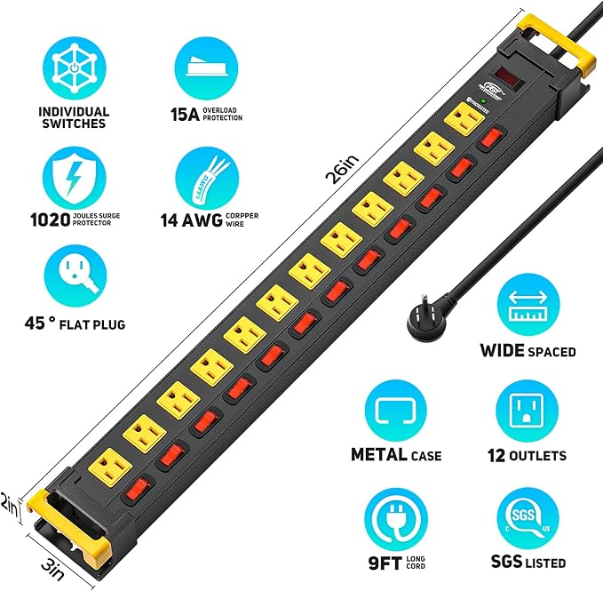 CRST 12 Outlets Long Power Strip, 9 FT Cord Metal Wall Mount Surge Protector - Image 2