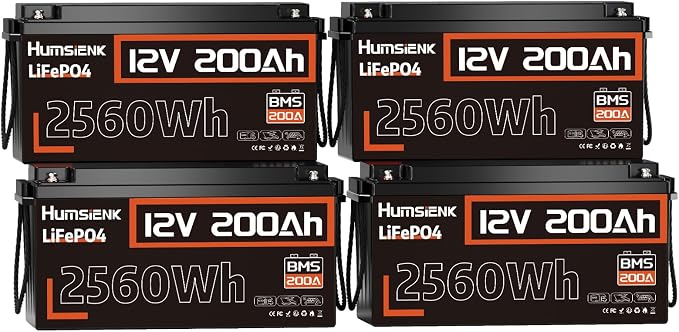 4PACK 12V 200Ah LiFePO4 Battery, Built-in 200A BMS, Rechargeable Deep Cycles by HumsiENK