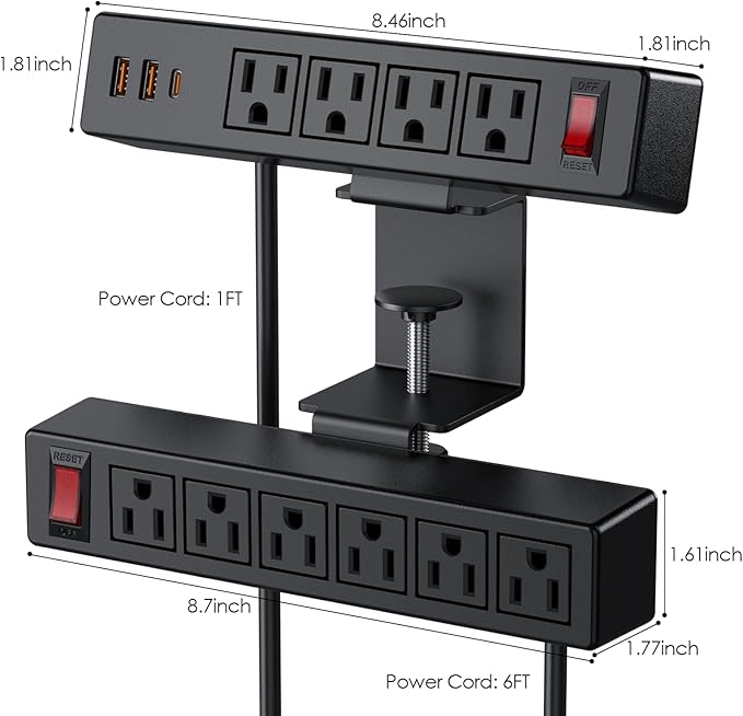 Desk Clamp Power Strip with PD20W USB-C, 2 in 1 Dual Layer Under Desk Power - Image 7
