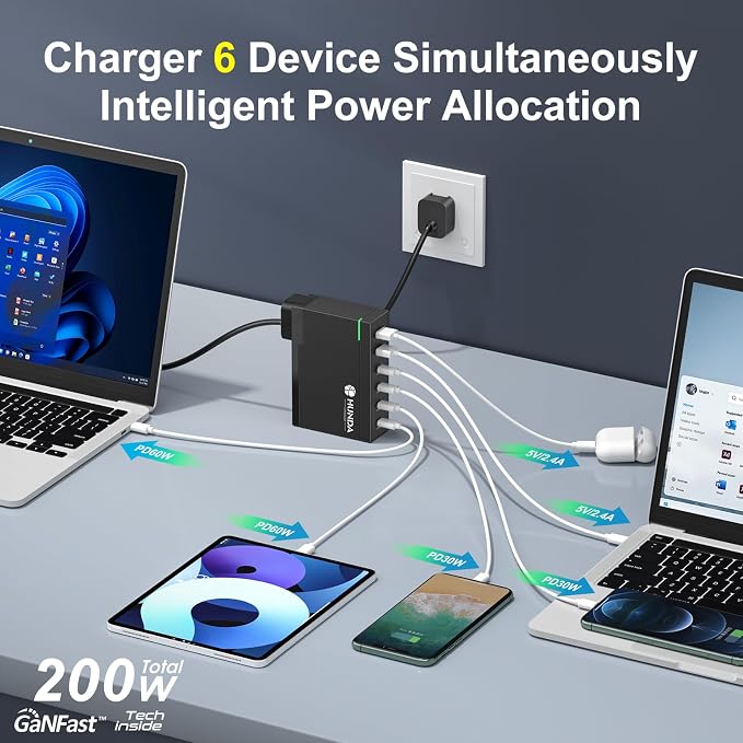 HUNDA 200W USB C Charger GaN Charging Station 6 Ports Fast PD 100W Type C - Image 3