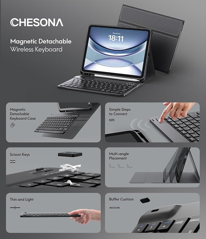 CHESONA Keyboard Case for iPad 11th/10th Generation, Detachable Wireless - Image 3