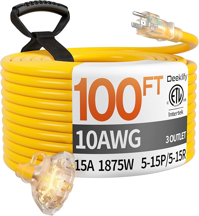 100 ft 10 Gauge Heavy Duty 3 Outlet Extension Cord Splitter by Deeklify