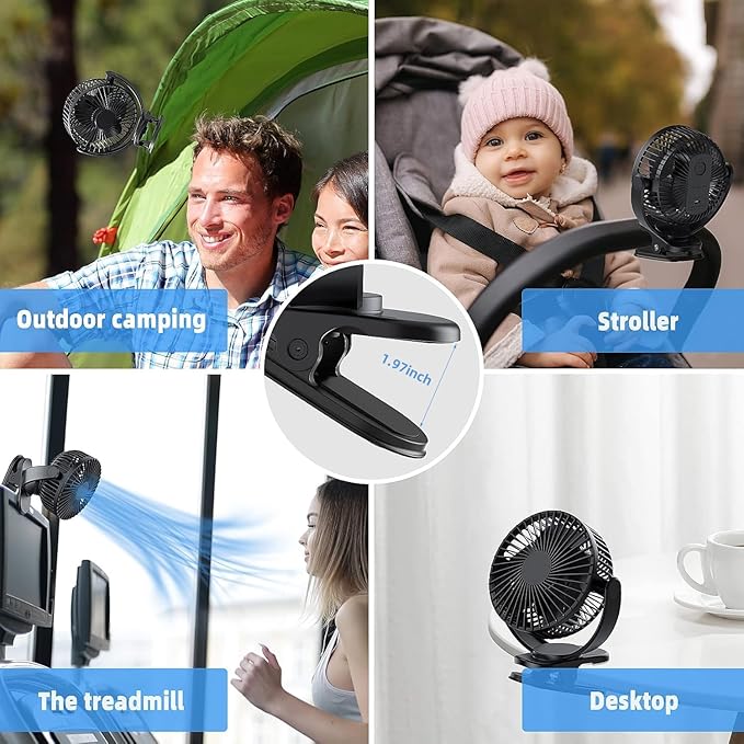 ATEngeus Rechargeable Clip-on USB Desk Fan, 3 Speeds, 5000mAh Battery, - Image 5