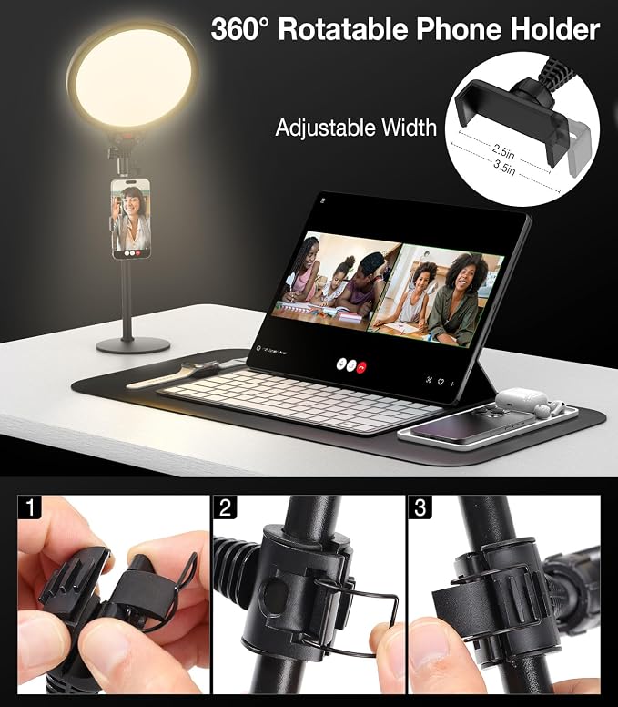 MoKo Desk Ring Light with Stand and Phone Holder, Dimmable Zoom Lighting - Image 7