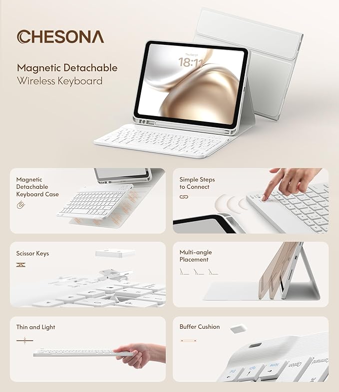 CHESONA Keyboard Case for iPad 11th/10th Generation, Detachable Wireless - Image 3