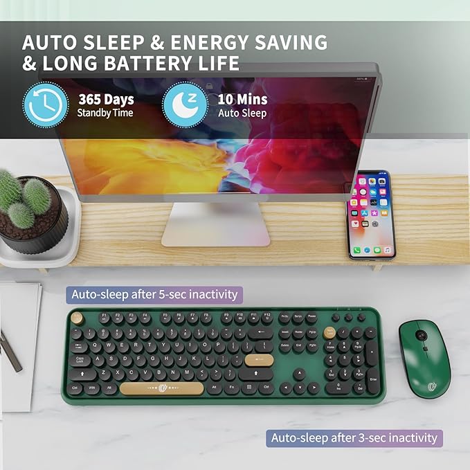 Wireless Keyboard and Mouse Combo, 104 Round Keys Cute Colorful Keyboard and - Image 5