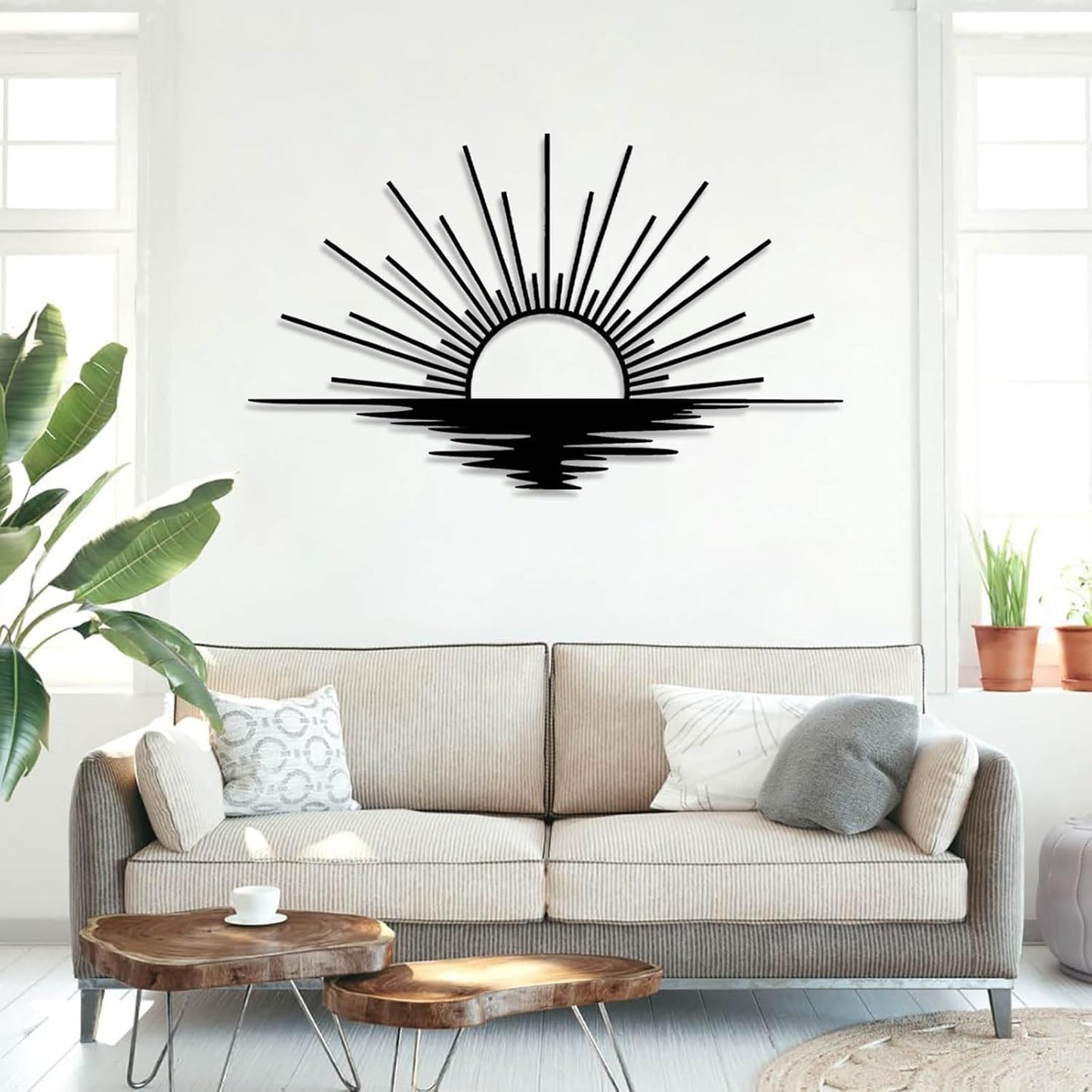 Sunrise Metal Wall Art, Metal Sun Wall Decor, Sun Outdoor Wall Art, Abstract Sunrise Wall Decor, Boho Home Hanging, Living Room Wall Hanging (Black, 35"x21"/90x54cm)