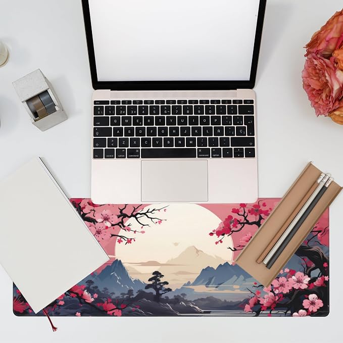 Pink Cherry Blossom Tree Desk Pad, Mountains and Sun Large Gaming Mouse Mat - Image 7