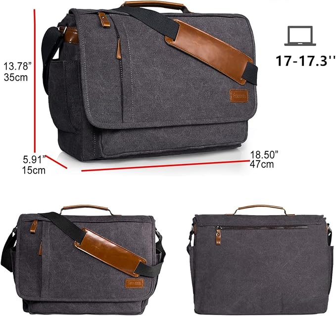 ESTARER Laptop Messenger Bag 17-17.3 Inch Water-resistant Canvas Shoulder Bag - Image 3