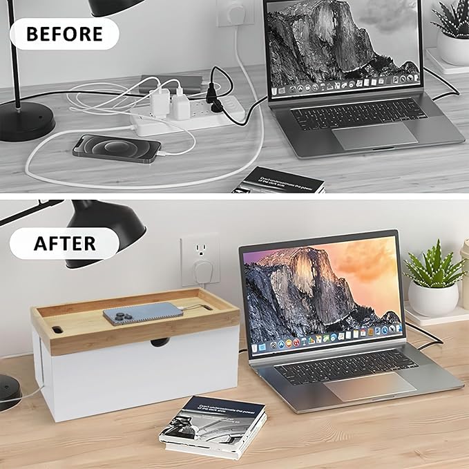 Bamboo Cable Management Box, Large Cord Organizer Box Cable Box to Hide Wires & - Image 3