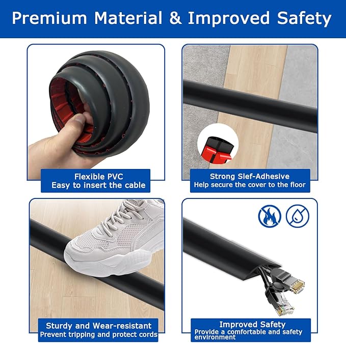 6ft Floor Cord Cover, Cord Hider Floor Black, Extension Cable Cover Power Cord - Image 3