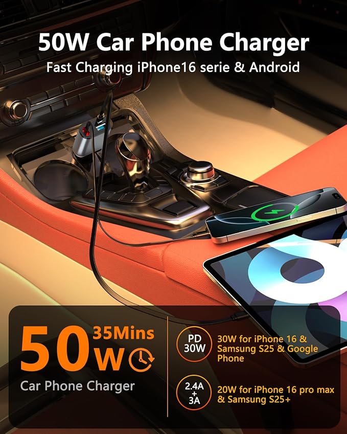 Retractable Car Charger, 3 in 1 Fast Car Phone Charger 50W, 1 TypeC Retractable - Image 4