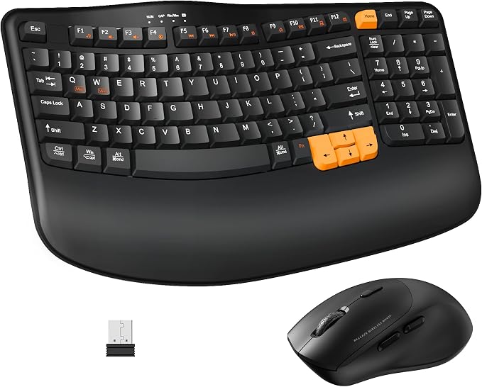 Wireless Keyboard and Mouse Combo, 2.4G Wave Keys Ergonomic Keyboard by RECCAZR