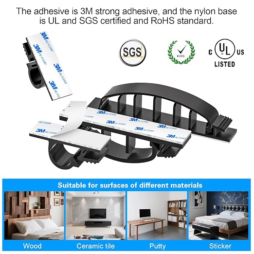 XHF 30pcs Adhesive Cable Wire Clips Kit Black, Outdoor Cable Management Wire - Image 3