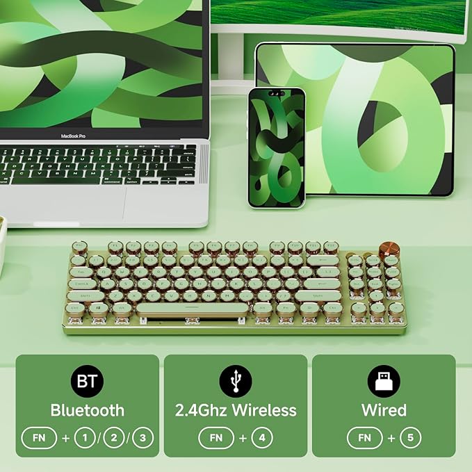 EWEADN V20 Green Typewriter Keyboard, 87 Keys Backlit Typewriter Style - Image 3