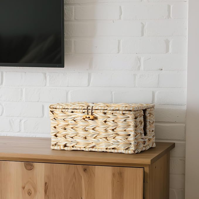 Delamu Handmade Synthetic Rattan Cable Management Box, Flat Weave Desk Organizer - Image 7