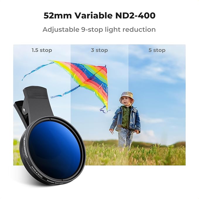 K&F Concept 52mm Clip-on ND2-400 Phone Camera Lens Filter Kit, Adjustable - Image 3