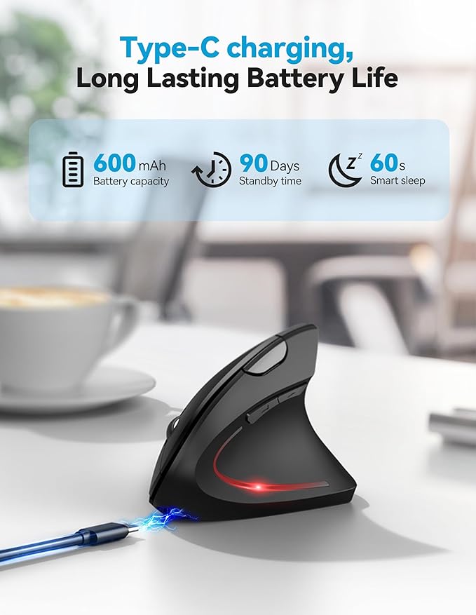 TECKNET Ergonomic Mouse with Jiggler, 4800DPI Rechargeable Carpal Tunnel Mouse - Image 4