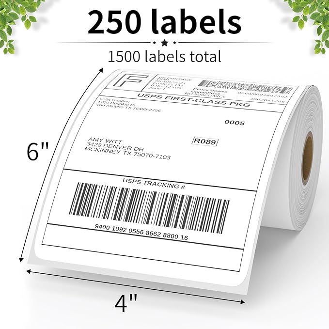 FungLam 6 Rolls 4"x6" Thermal Shipping Labels, 250 Labels/6 Roll, Perforated - Image 2
