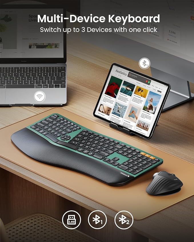 ProtoArc Backlit Bluetooth Ergonomic Keyboard, EK01 Plus Full Size Wireless - Image 3