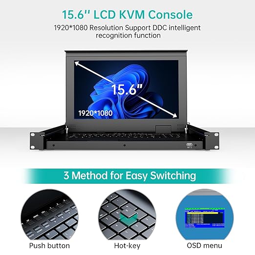MT-VIKI 16 Port VGA KVM Console, 1U Rack Mount KVM Console w/15.6'' LCD Monitor - Image 3