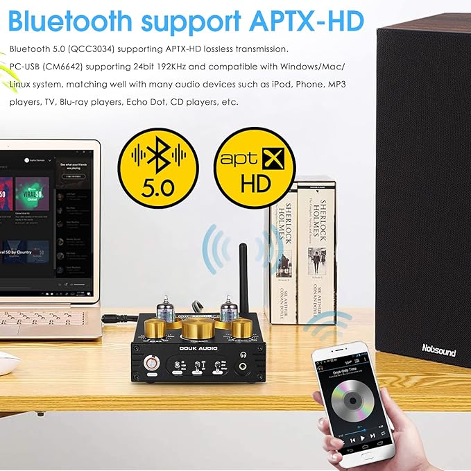 Douk Audio P1 Vacuum Tube Bluetooth Preamplifier, GE5654 Audio Preamp, Hi-Fi - Image 3