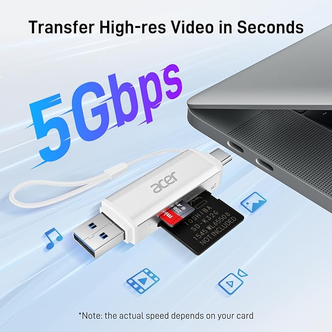 acer SD Card Reader USB C, Dual Slots USB 3.0 Type C to Micro SD Card Adapter - Image 2