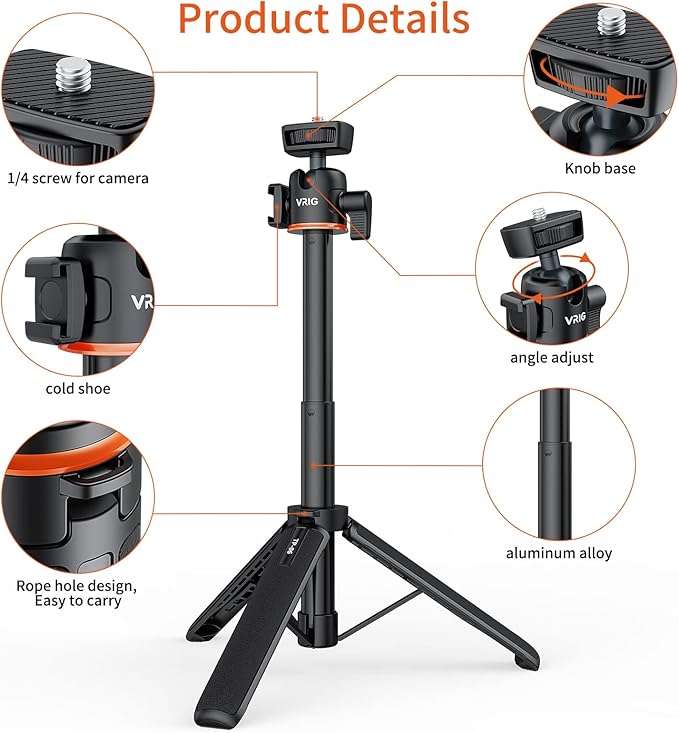 VRIG 21.6" Extension Pole Tripod, Mini Selfie Stick Tripod Stand Handle Grip - Image 3