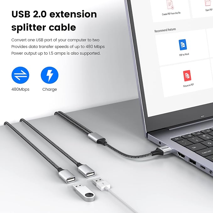 USB Extension Cable, USB A Male to 2 Female Extension Cord Durable USB Splitter - Image 3