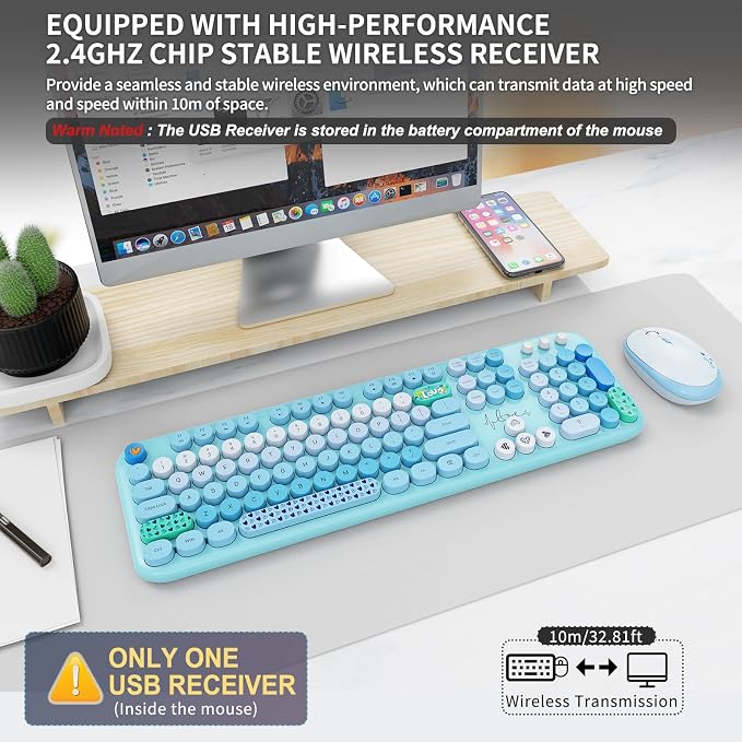 Wireless Keyboard and Mouse Set, 104 Round Keys Full-Size Cute Colorful - Image 3