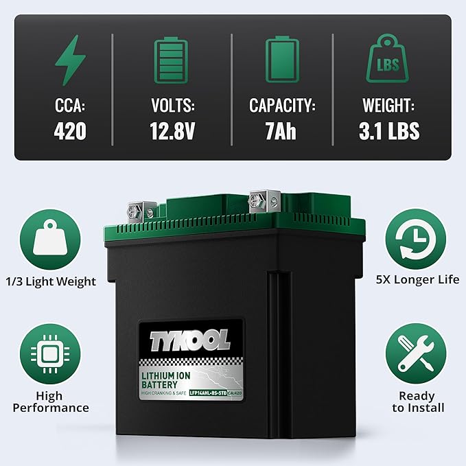 TYKOOL YTX14AHL-BS-STD LiFePO4 Lithium Motorcycle Battery, 12.8V 7Ah, Digital - Image 4