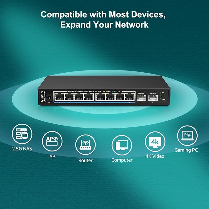 10 Port 2.5G Switch Unmanaged, VIMIN 8X 2.5G Switch Base-T Ports+2X 10G SFP Port - Image 3