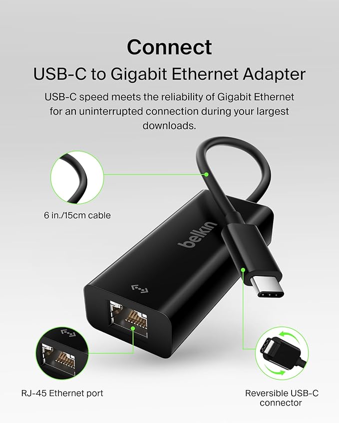 Belkin USB-C to Ethernet Adapter, Gigabit Ethernet Port Compatible w/ USB-C - Image 2