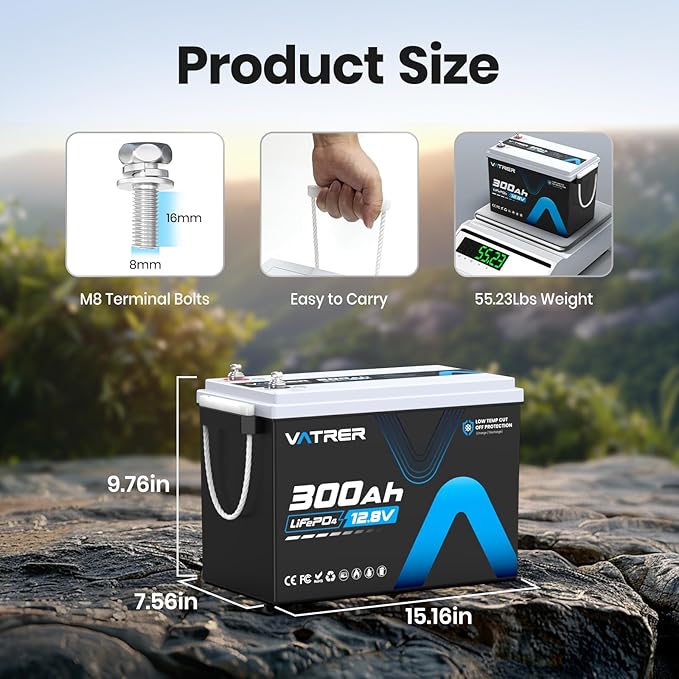 12V 300AH Low Temp Cutoff LiFePO4 Battery, Built in 200A BMS, Max 2560W Power - Image 2