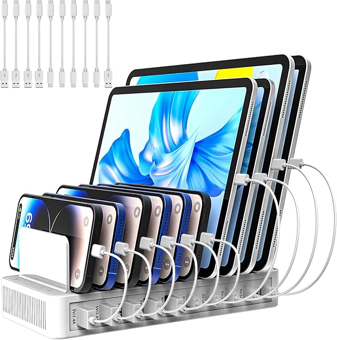 Charging Station for Multiple Devices, 100W 10 Ports Flat Plug Charging Dock by RISWOJOR
