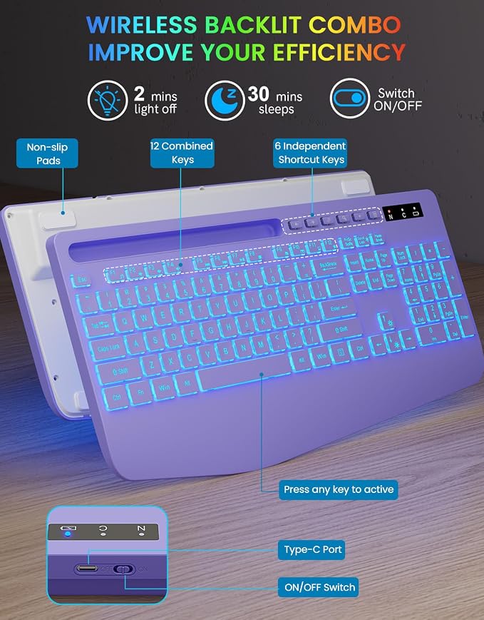 Wireless Keyboard with 7 Colored Backlits, Wrist Rest, Phone Holder, - Image 8