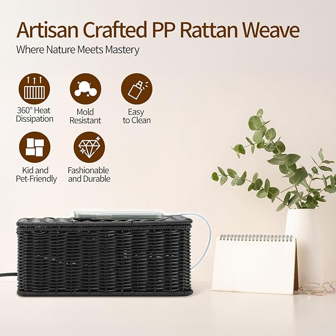 Delamu Handmade Rattan Cable Management Box, Cord Organizer - Image 6
