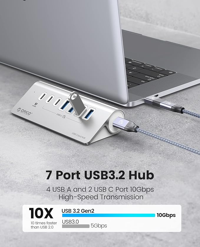 ORICO 7 Port USB Hub 10Gbps, Aluminum USB 3.2 Gen 2 Hub, 6 USB 3.2 Data Ports - Image 3
