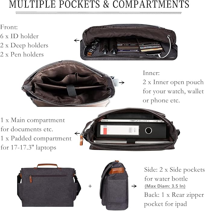 ESTARER Laptop Messenger Bag 17-17.3 Inch Water-resistant Canvas Shoulder Bag - Image 5