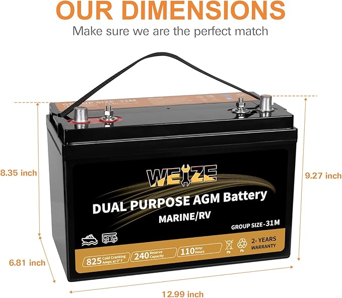 Weize BCI Group 31M Dual Purpose AGM Battery, 240RC 825CCA 12V 110AH Starter & - Image 2