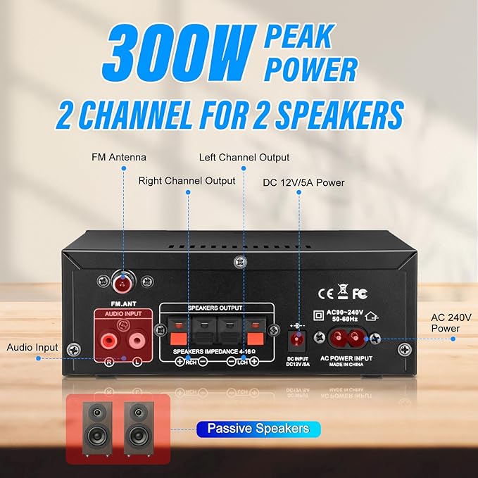 Daakro AK45 Stereo Audio Amplifier, 300W Home 2 Channel Wireless Bluetooth 5.0 - Image 3