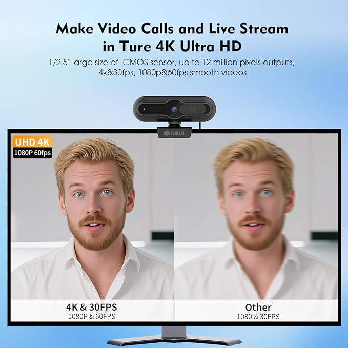 TOALLIN 4K Webcam for PC, 1/2.5" Sensor & 12MP, 1080P & 60FPS, PDAF Auto-Focus - Image 2