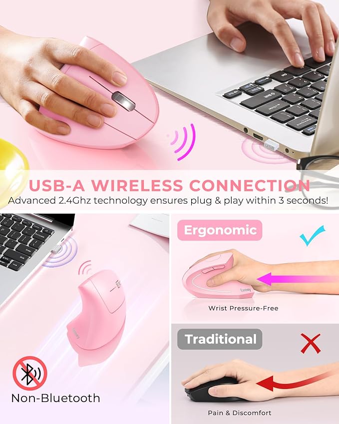 Lekvey Ergonomic Mouse, Vertical Wireless Mouse, Rechargeable 2.4 GHz USB - Image 3