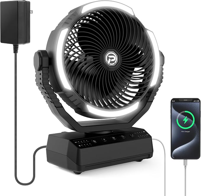 PANERGY Camping Fan with Light - 20000mAh Rechargeable Battery Fan with Charger by PANERGY